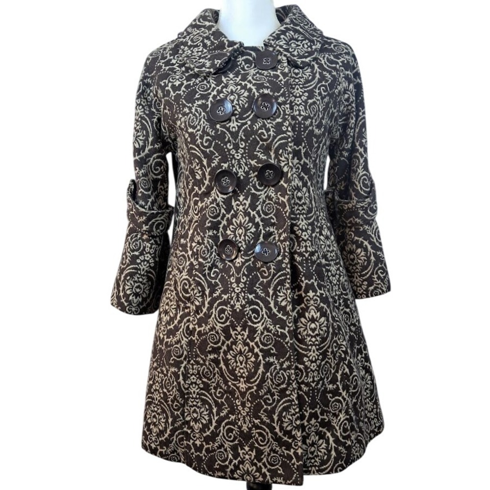Anthropologie‎ LUII S/M Brown Damask Swing Coat Tapestry Wool Blend 3/4 Sleeve
